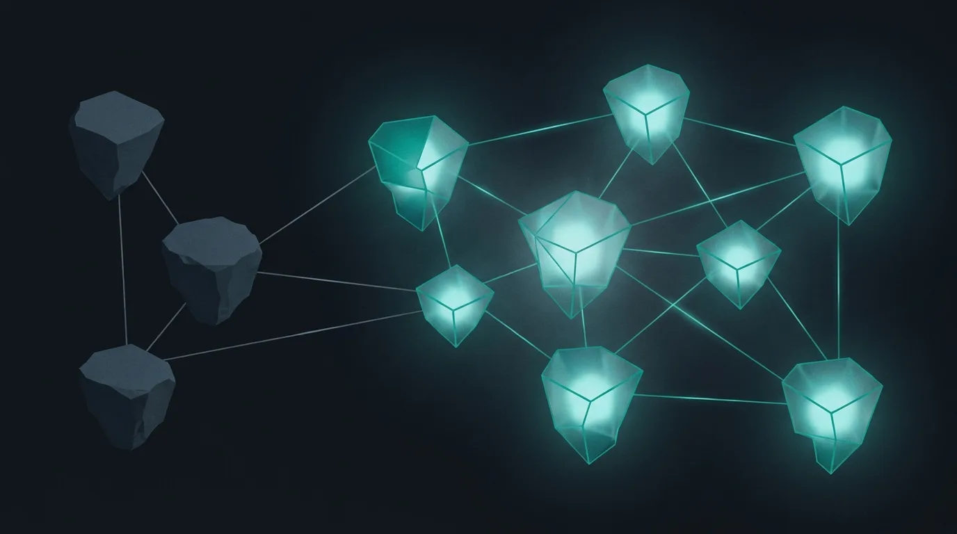 Eight territories lit from within and three left dark, connected by thin filaments — the two tiers of the NoDMCAVPS network